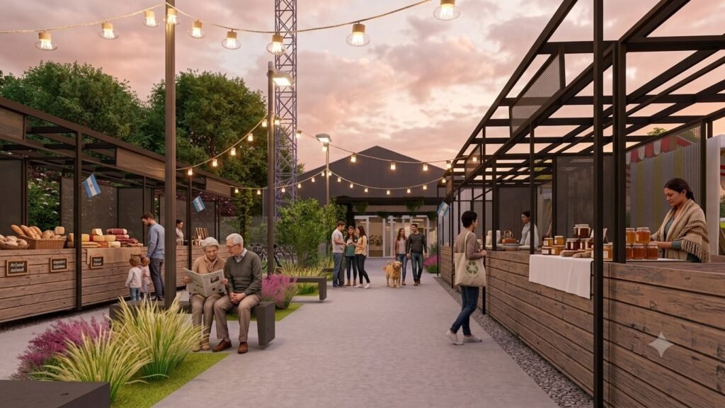 Proyección de los puestos comerciales y espacios de circulación del Paseo Ferroviario.