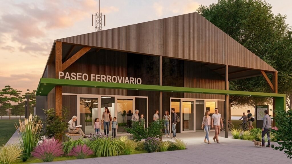 Proyección de la fachada principal y el ingreso al Paseo Ferroviario.
