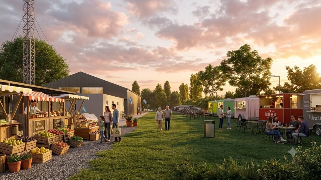 Proyección del sector exterior con puestos de alimentos y espacios de encuentro.