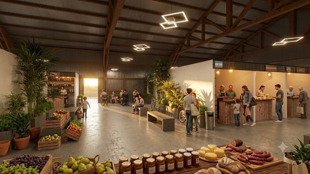 Proyección del interior del Paseo Ferroviario con puestos comerciales y áreas de descanso.