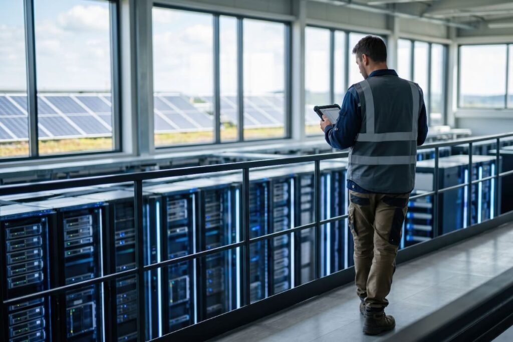 Imagen contextual de un centro de datos con servidores y paneles solares.
