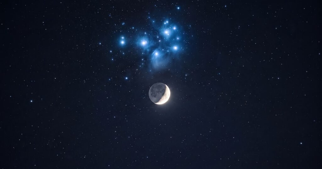 Imagen ilustrativa de la Luna junto al cúmulo estelar de las Pléyades.