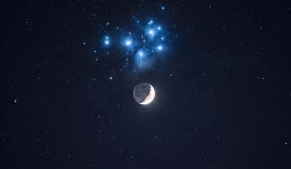 Imagen ilustrativa de la Luna junto al cúmulo estelar de las Pléyades.