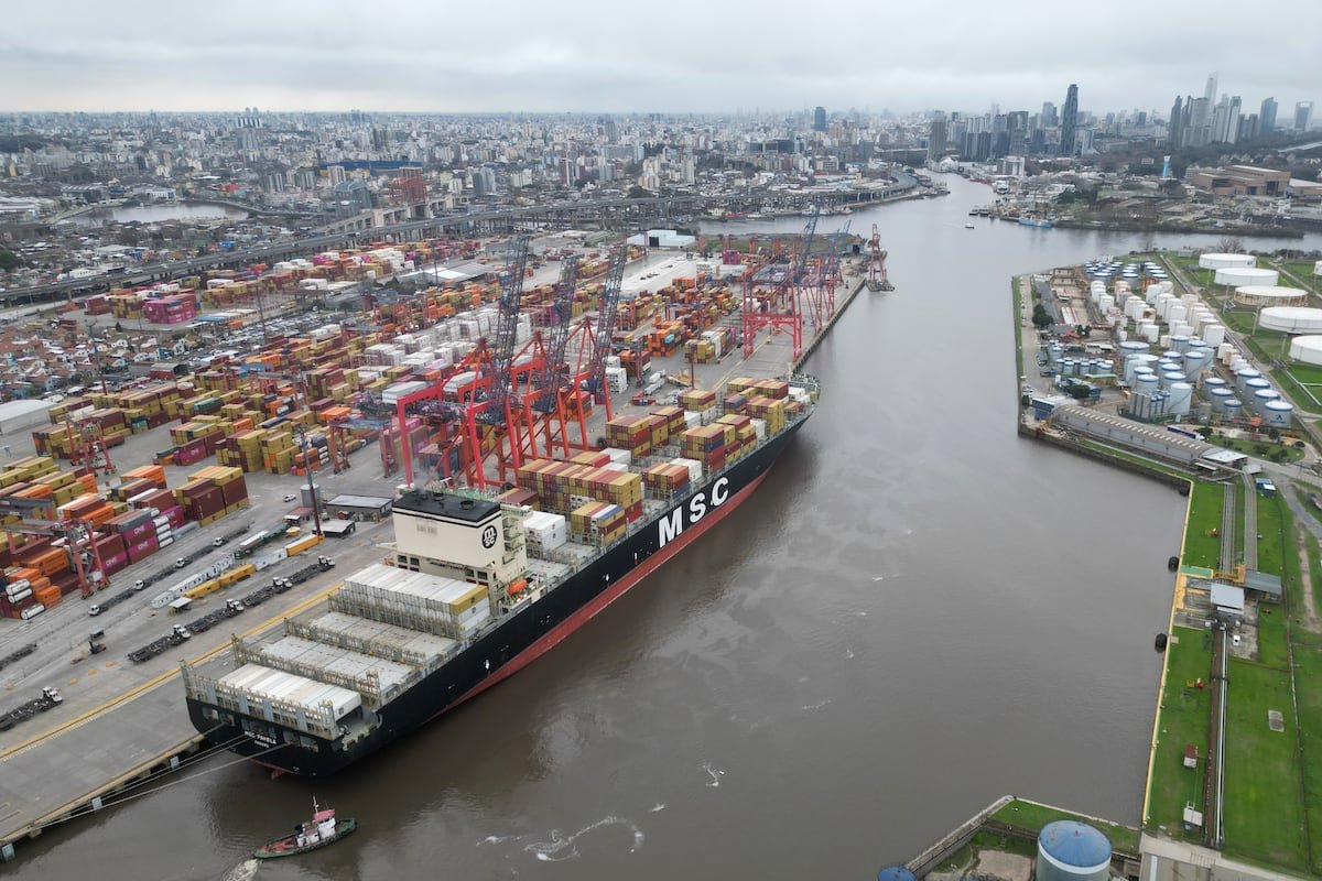Vista aérea de un buque portacontenedores en el puerto de Buenos Aires, en el contexto del conflicto portuario.