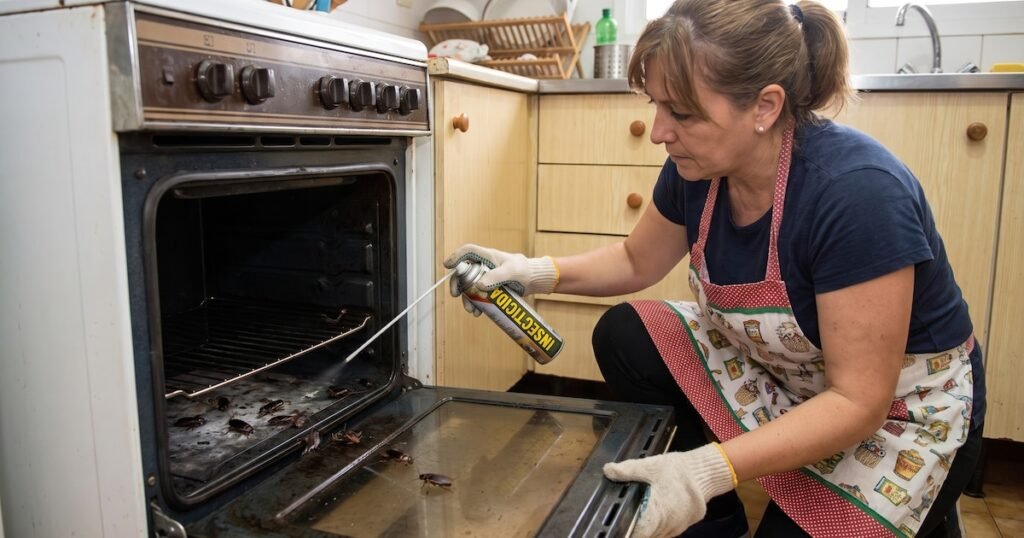 Imagen ilustrativa de una persona limpiando un horno donde se observan cucarachas y aplicando un producto de control de plagas.