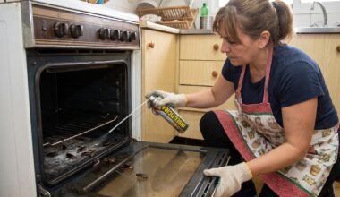 Imagen ilustrativa de una persona limpiando un horno donde se observan cucarachas y aplicando un producto de control de plagas.