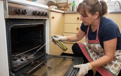 Imagen ilustrativa de una persona limpiando un horno donde se observan cucarachas y aplicando un producto de control de plagas.
