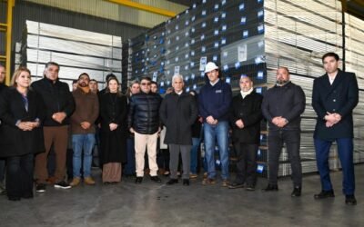 Claudio Poggi y otras autoridades junto a trabajadores en la planta de Tubos Argentinos, durante una visita a las instalaciones.