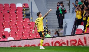 Brian Rodríguez celebra su gol para América ante Santos Laguna durante el partido del Apertura 2026.
