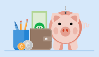 Ilustración contextual de una alcancía con monedas, una billetera y elementos de ahorro.