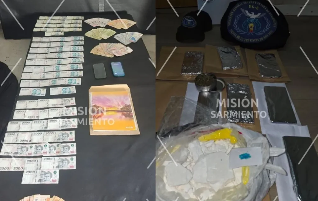 Collage de dinero, paquetes con sustancias y elementos policiales secuestrados durante el operativo antidrogas Misión Sarmiento.