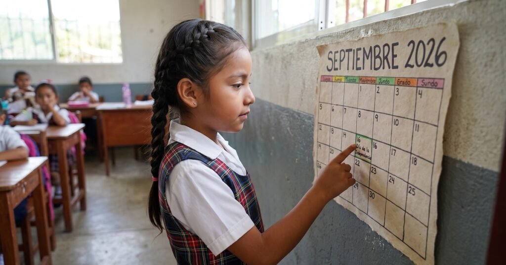 Imagen contextual de archivo: una estudiante señala un calendario escolar de septiembre de 2026 en un aula.