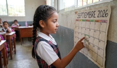 Imagen contextual de archivo: una estudiante señala un calendario escolar de septiembre de 2026 en un aula.