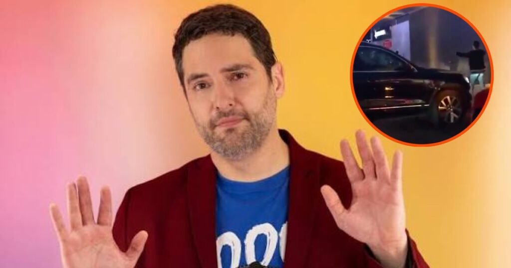 Memo Schutz aparece en primer plano; en un recuadro circular se observa un automóvil en una escena nocturna relacionada con la acusación vial.