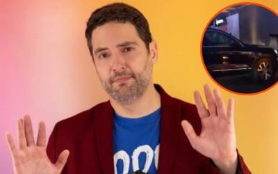 Memo Schutz aparece en primer plano; en un recuadro circular se observa un automóvil en una escena nocturna relacionada con la acusación vial.