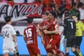 Jugadores de Toluca celebran durante el partido contra Austin FC por la Leagues Cup.