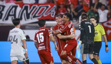Jugadores de Toluca celebran durante el partido contra Austin FC por la Leagues Cup.