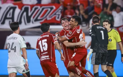 Jugadores de Toluca celebran durante el partido contra Austin FC por la Leagues Cup.