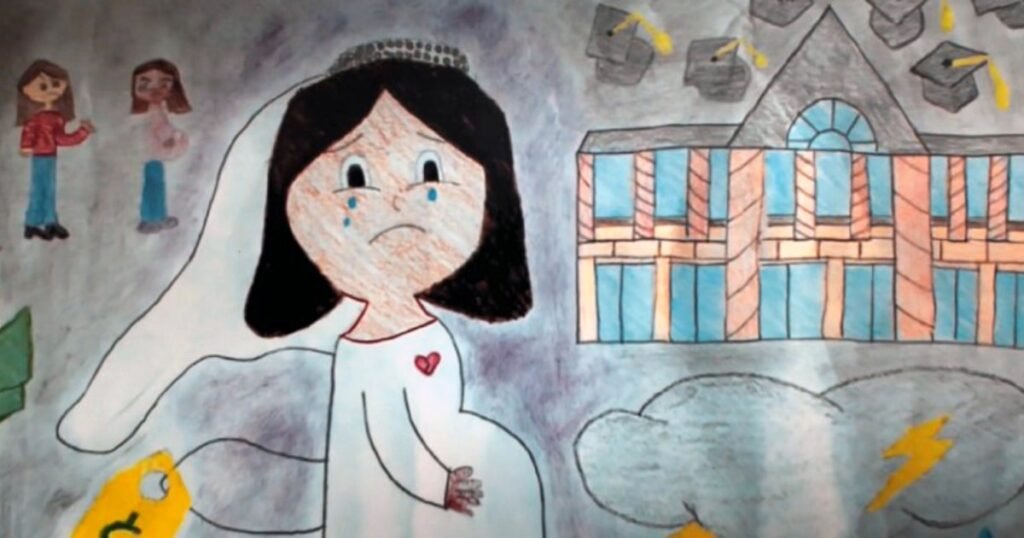 Ilustración conceptual sobre el impacto del matrimonio infantil en la infancia y la continuidad educativa.