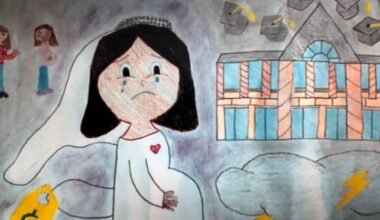Ilustración conceptual sobre el impacto del matrimonio infantil en la infancia y la continuidad educativa.