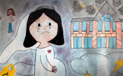 Ilustración conceptual sobre el impacto del matrimonio infantil en la infancia y la continuidad educativa.
