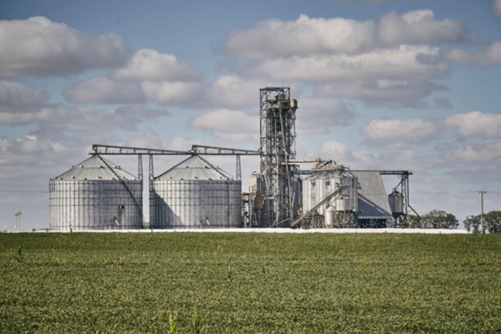 Imagen contextual de una planta de acopio de granos junto a un campo agrícola.