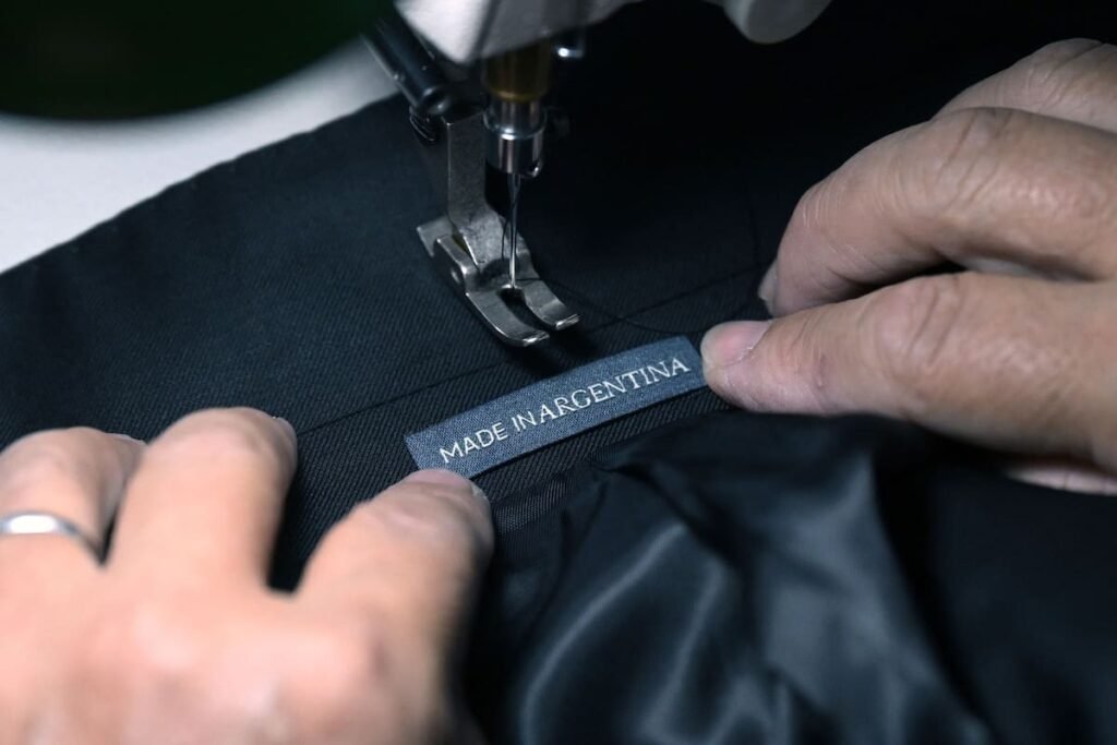 Imagen de archivo de una máquina de coser trabajando sobre una prenda con la etiqueta “Made in Argentina”.