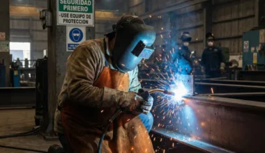 Imagen de archivo de un trabajador realizando tareas de soldadura en una planta industrial.
