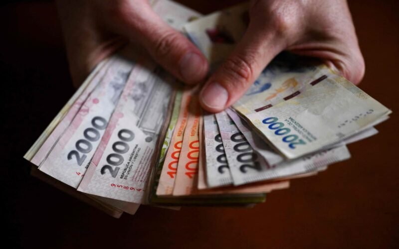 Imagen ilustrativa de manos contando billetes argentinos para representar el uso de dinero prestado en los hogares.