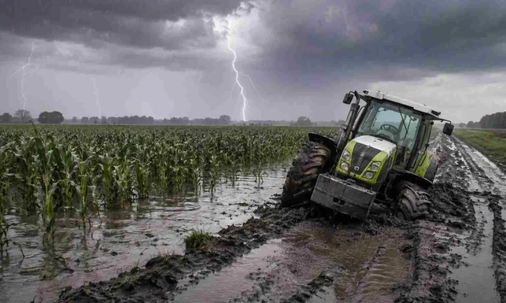 Imagen de archivo de un campo de maíz anegado durante una tormenta, como representación contextual de posibles impactos de El Niño en la actividad agropecuaria.