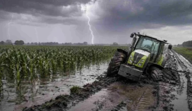 Imagen de archivo de un campo de maíz anegado durante una tormenta, como representación contextual de posibles impactos de El Niño en la actividad agropecuaria.
