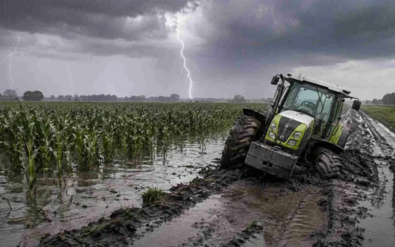 Imagen de archivo de un campo de maíz anegado durante una tormenta, como representación contextual de posibles impactos de El Niño en la actividad agropecuaria.