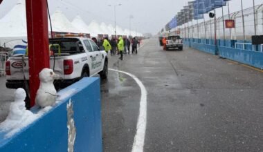 El autódromo Rosendo Hernández durante la nevada que suspendió la actividad del Turismo Carretera en San Luis.