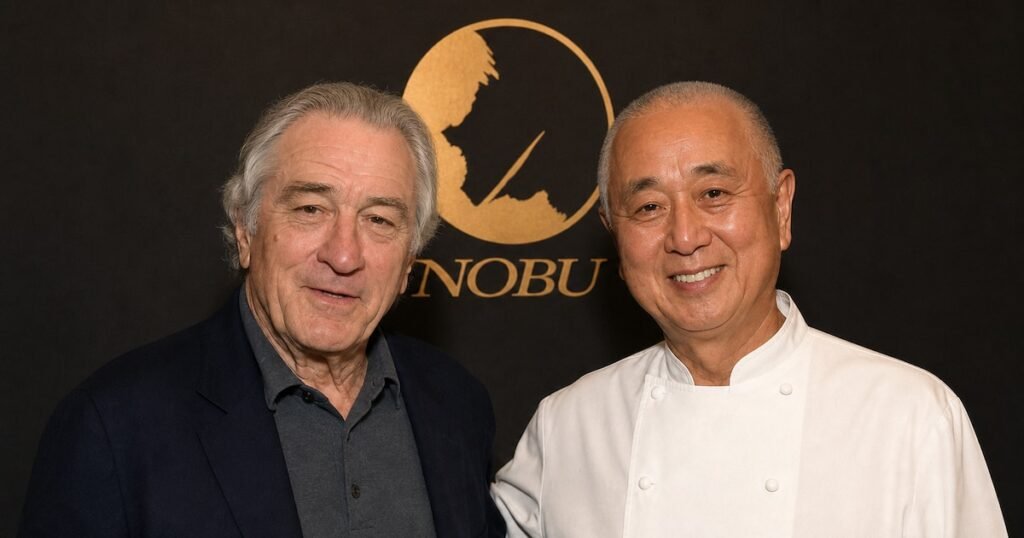 Robert De Niro y el chef Nobu Matsuhisa posan juntos frente al logo de Nobu.