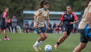Futbolistas de la Selección Argentina femenina Sub 15 entrenan durante una práctica.