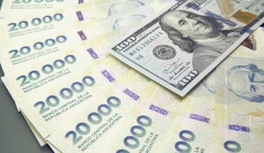 Imagen contextual de billetes argentinos de 20.000 pesos junto a billetes de 100 dólares.