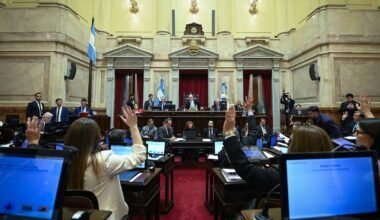 El recinto del Senado argentino durante una votación, con legisladores levantando la mano.