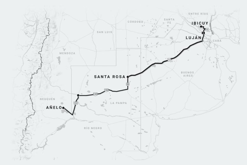 Mapa contextual de la ruta entre Ibicuy y Añelo vinculada al traslado de arena hacia Vaca Muerta.
