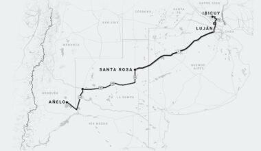 Mapa contextual de la ruta entre Ibicuy y Añelo vinculada al traslado de arena hacia Vaca Muerta.