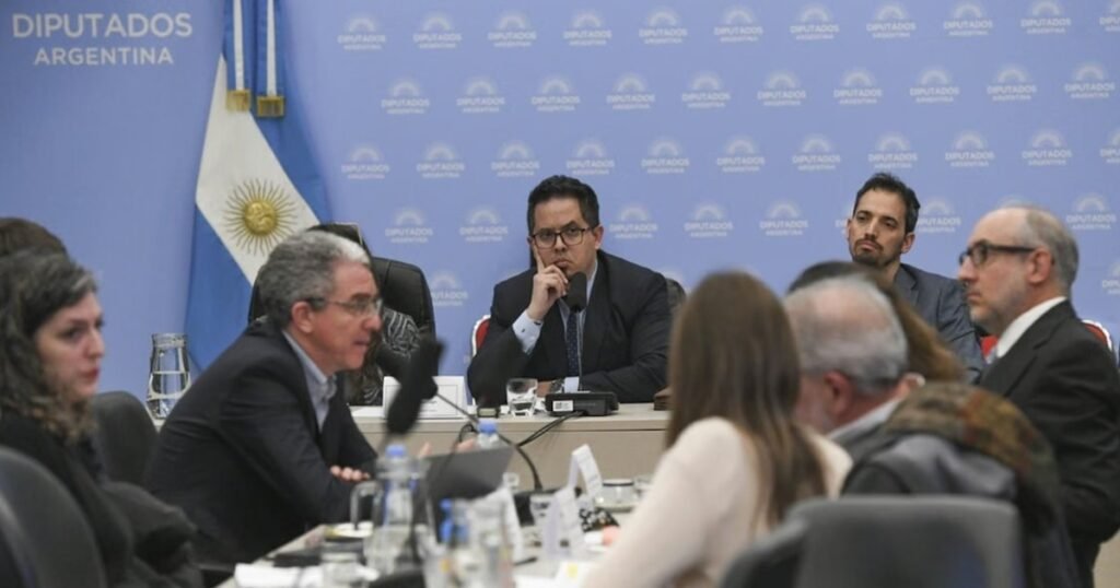 Integrantes de una comisión de Diputados reunidos alrededor de una mesa durante el plenario sobre endeudamiento familiar.