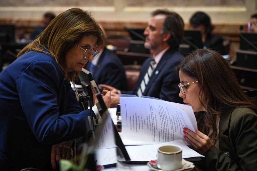 Ivanna Arrascaeta y Patricia Bullrich revisan el dictamen de Salud Mental en el recinto del Senado.
