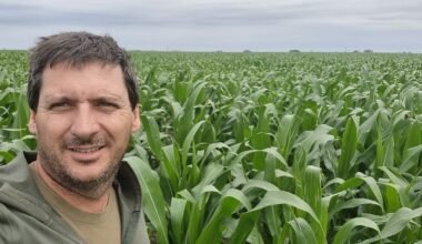 Hugo Lattanzi junto a un cultivo de maíz; imagen contextual de la nota sobre su proyecto agrícola en Lamarque.