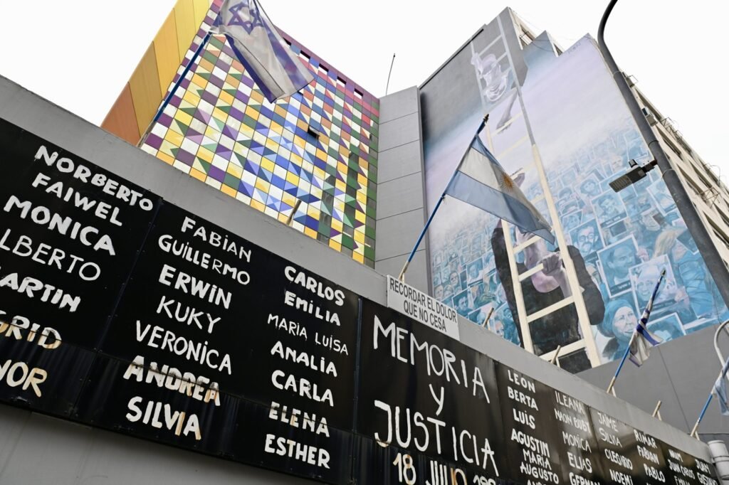 Imagen contextual del frente de la AMIA y su memorial.