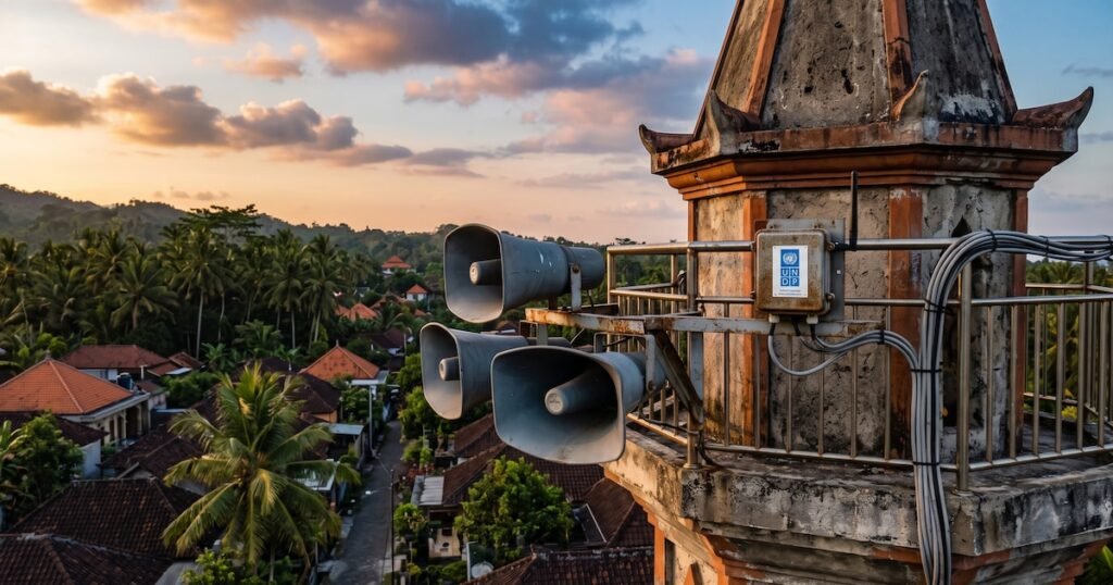 Imagen contextual de altavoces instalados en una torre de mezquita, vinculados al tema de las alertas sísmicas.