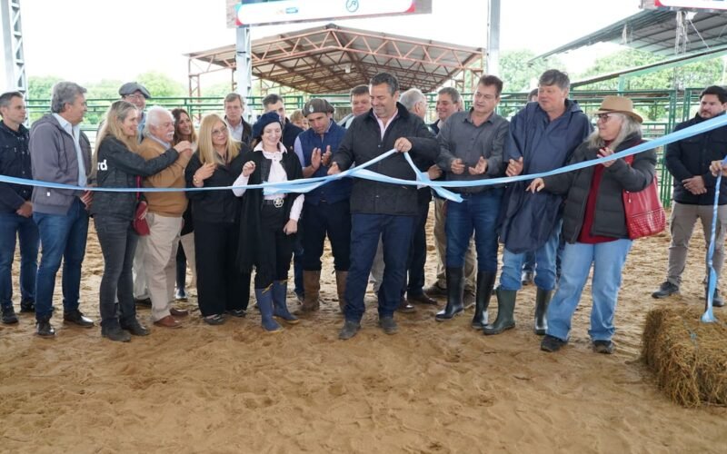 Autoridades y dirigentes del sector ganadero cortan la cinta durante la inauguración de la Nacional Primavera Braford en Chaco.