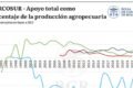 Gráfico de la Bolsa de Comercio de Rosario sobre el apoyo total al agro como porcentaje de la producción en países del MERCOSUR entre 1995 y 2024.