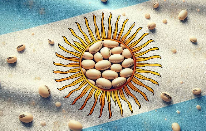 Ilustración contextual de granos de soja sobre los colores de la bandera argentina.
